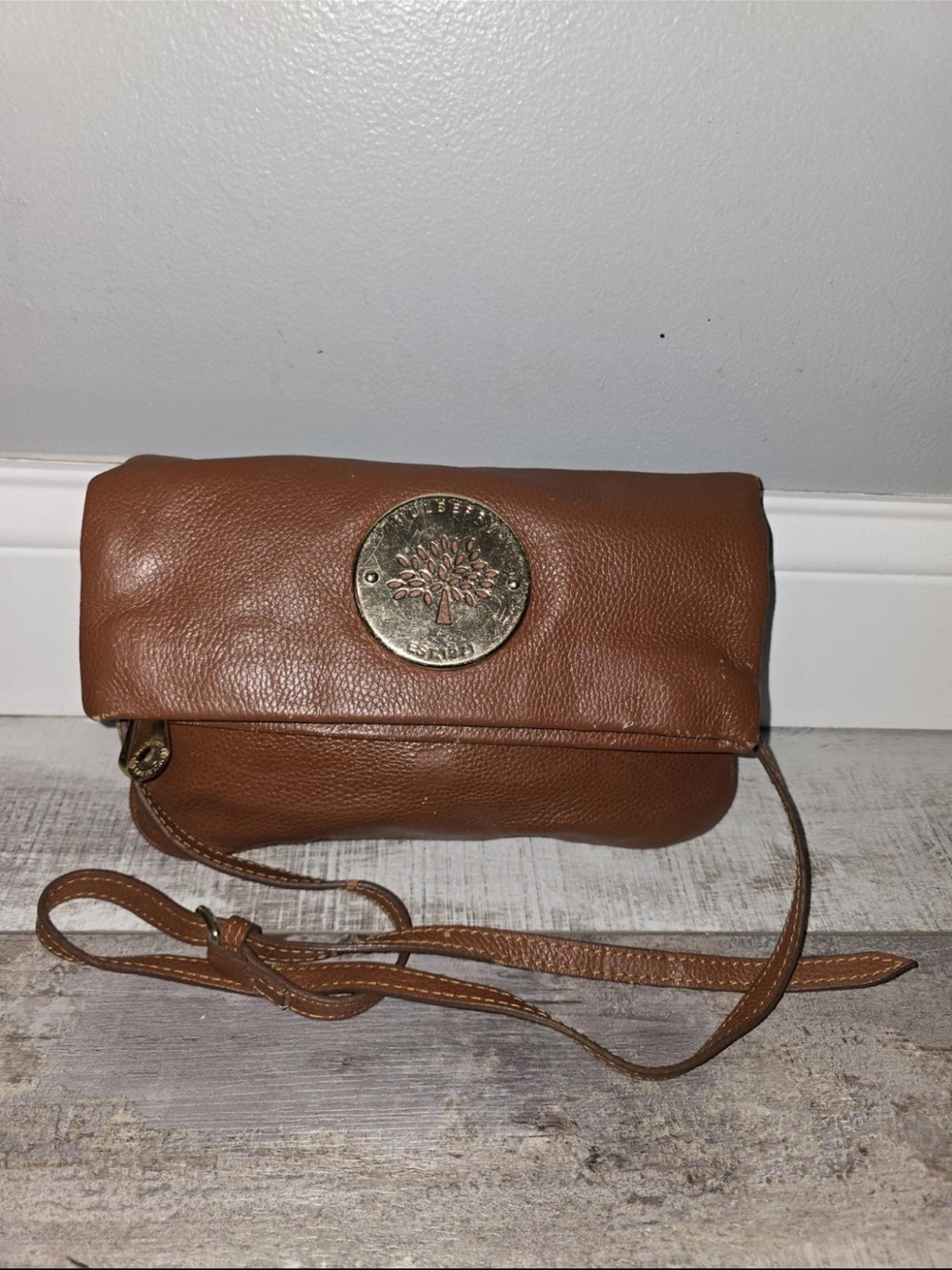 Mulberry Tan Leather Crossbody with Tree Medallion